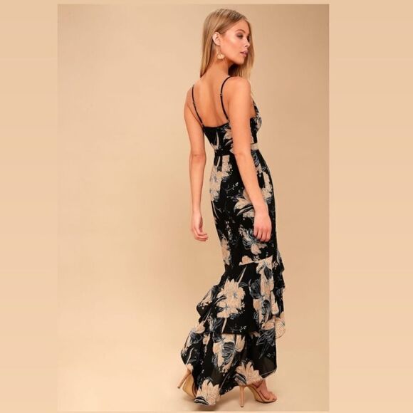 Lulus Darling Daylily High Low Maxi Black Dress Floral Print Size XXS - Picture 3 of 9
